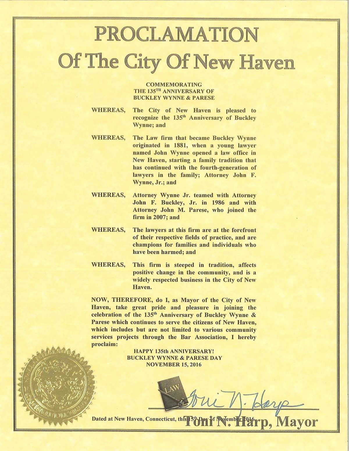 Proclomation of the City of New Haven BWP Day